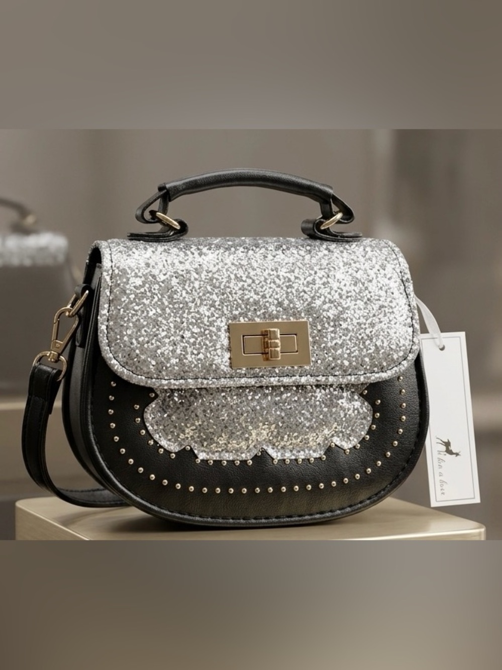 Glitter Silver & Black Studded Top-Handle Satchel